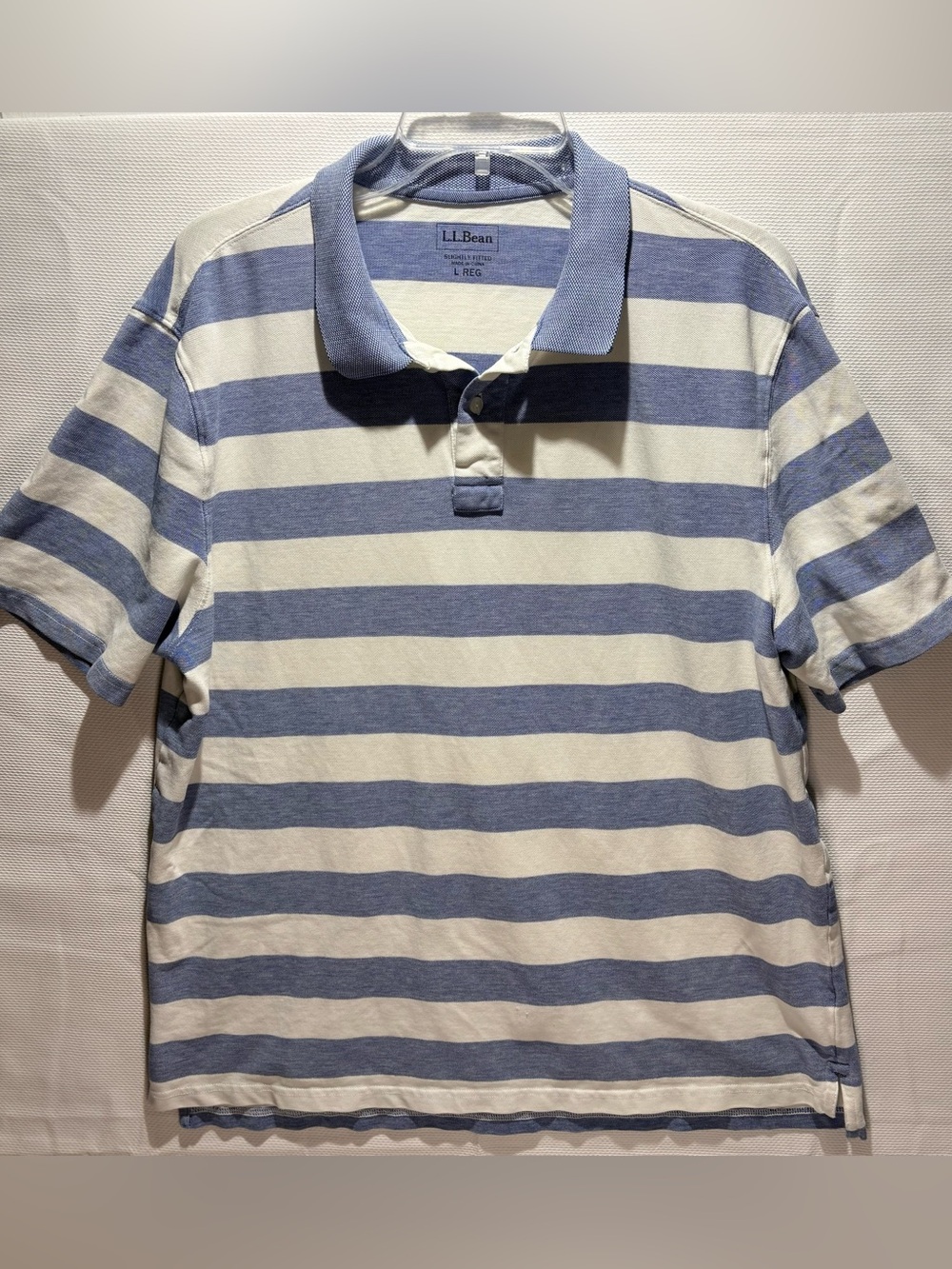 L.L. Bean Men's Light Blue and White Striped Polo